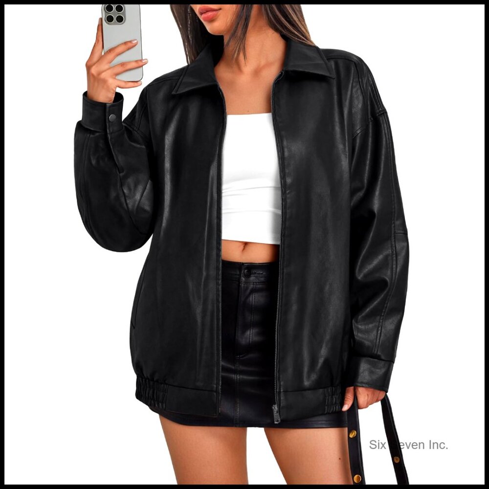 Oversized Faux Leather Bomber Moto Jacket, Long Sleeve, Zipper Front, Side